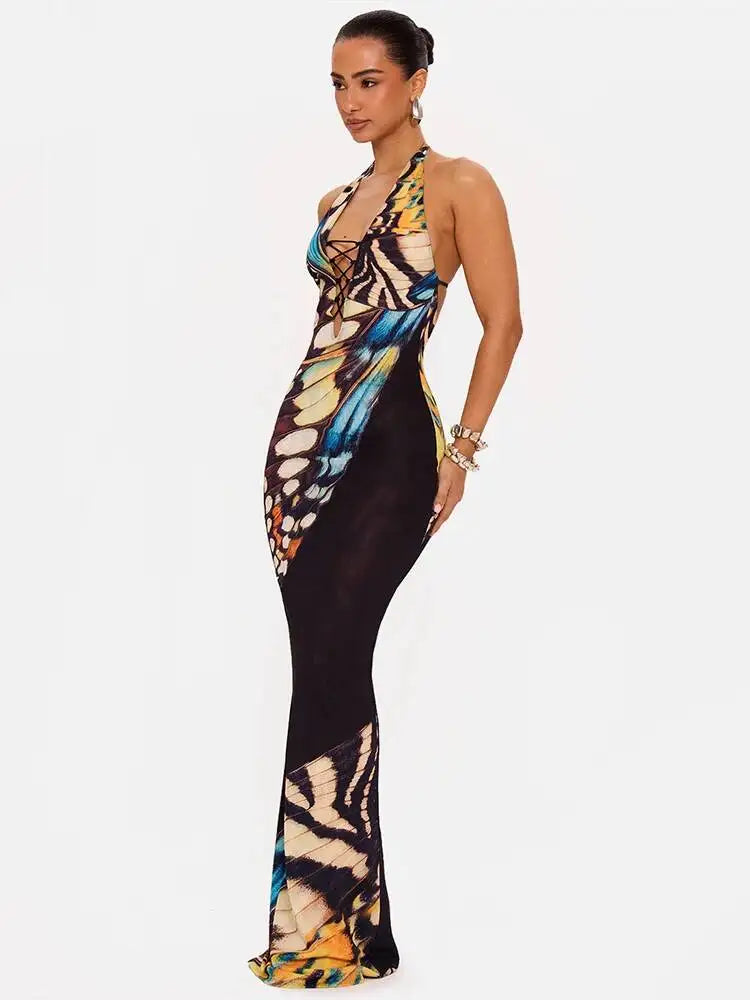 Printed Maxi Dress – Halter Neck Sleeveless Dress with Draped Bodice, Cutout Waist and Figure-Hugging Floor-Length Silhouette for Events