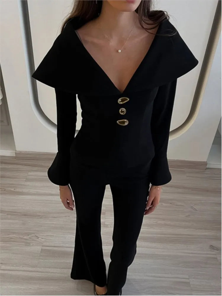 Long Sleeve Button Detail Top & Flared Pants Co-Ord Set | Elegant Two Piece Wide Leg Outfit | Chic Evening & Party Matching Set