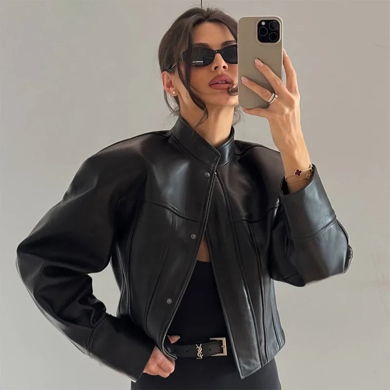 Cropped Faux Leather Jacket, Minimalist Zip-Up Moto Jacket with Stand Collar and Relaxed Fit, Chic Casual Streetwear Outerwear