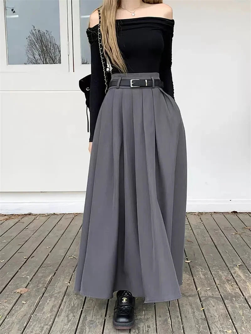 High Waisted Maxi Skirt Pleated A Line Long Flared Skirt Belted Flowing Full Length Casual Office Workwear
