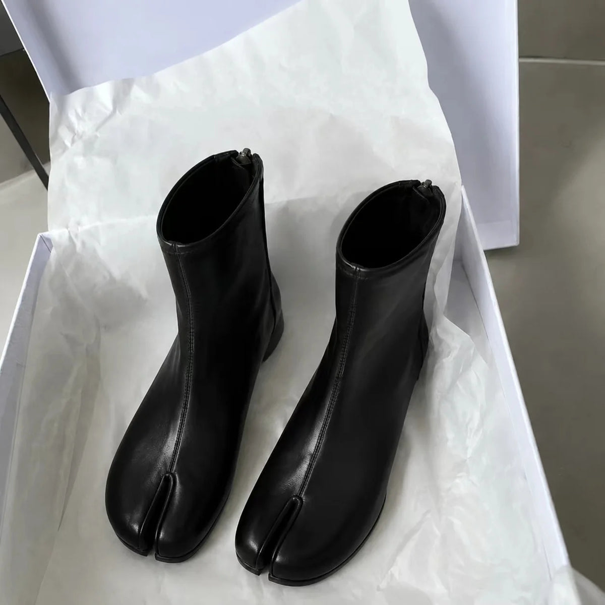 Tabi Ankle Boots | Split Toe Flat Boots | Minimalist Zip-Up Booties | Modern Casual Footwear