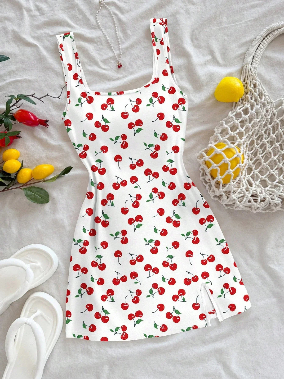 Cherry Print Mini Dress – Sleeveless Square Neck Dress with Wide Shoulder Straps, Fitted Bodice and Flared Skirt for Summer & Vacations