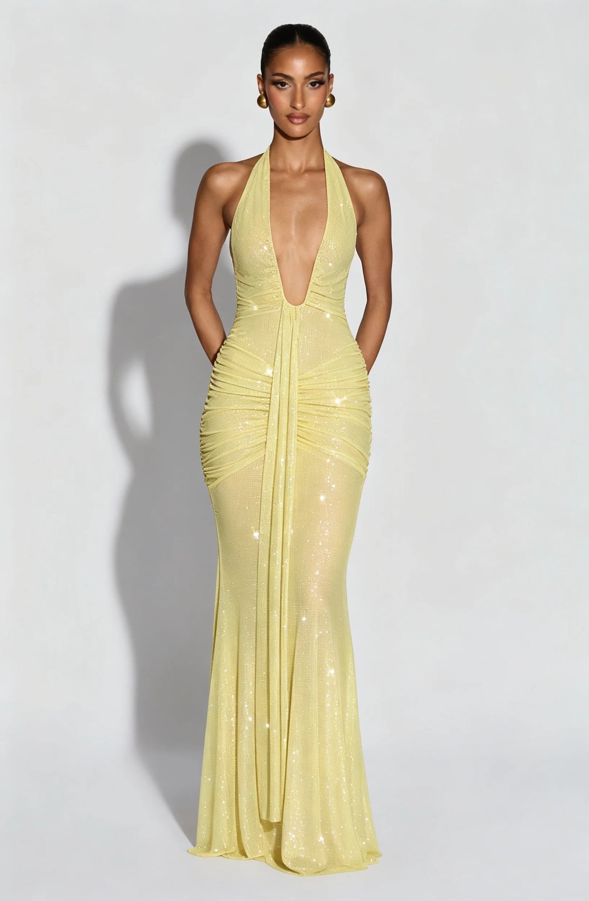Halter Neck Sequin Maxi Dress – Deep Plunge Evening Gown with All-Over Sparkle, Ruched Bodycon Silhouette and Floor-Length Draped Skirt