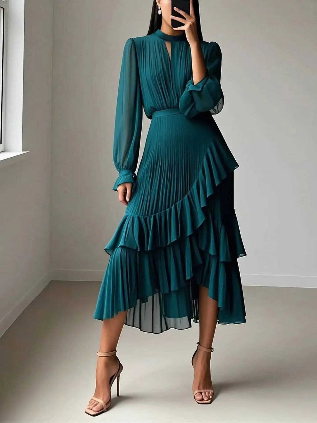 Pleated Ruffle Midi Dress – Long Sleeve Chiffon Dress with High Neckline, Keyhole Detail, Balloon Sleeves and Asymmetrical Tiered Hem