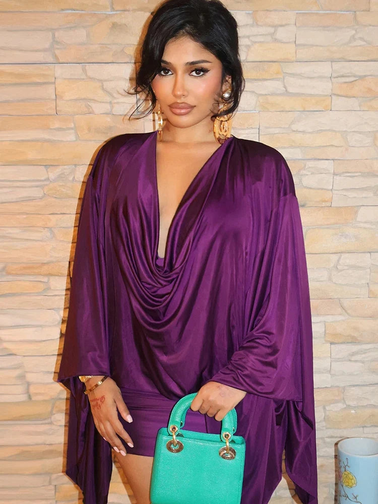 Draped Mini Dress – Cowl Neck Long Sleeve Dress with Batwing Sleeves, Ruched Waist and Asymmetrical Drape for Parties & Evening Events