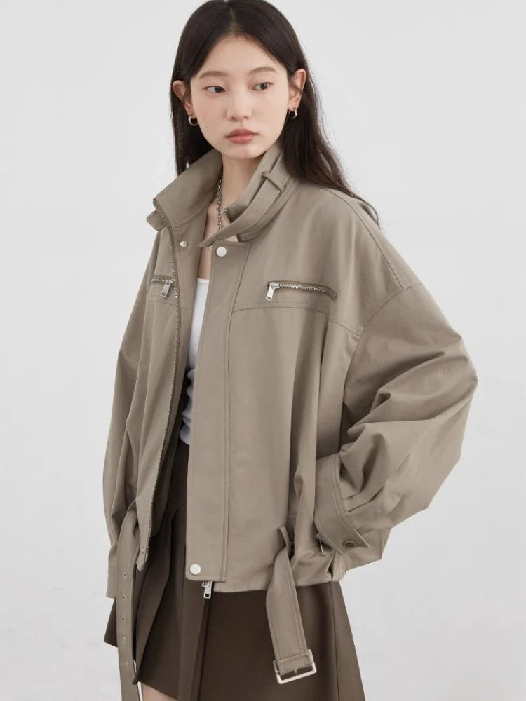 Oversized Utility Jacket, Stand Collar Zip-Up Jacket with Adjustable Waist and Relaxed Fit, Chic Casual Transitional Outerwear