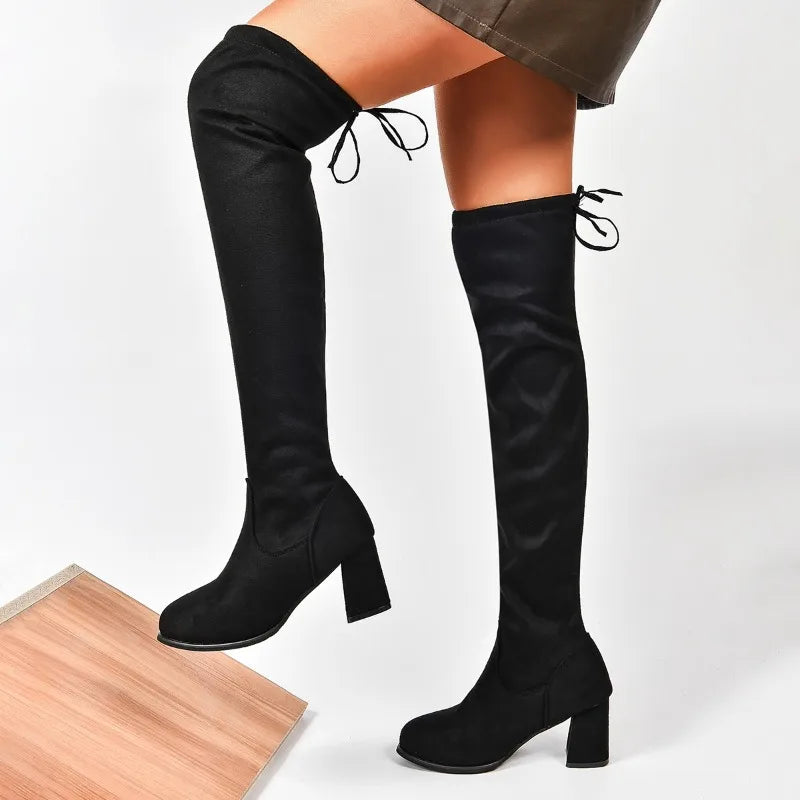 Over The Knee Boots | Chunky Block Heel Tall Boots | Lace-Up Back Thigh High Fashion Boots