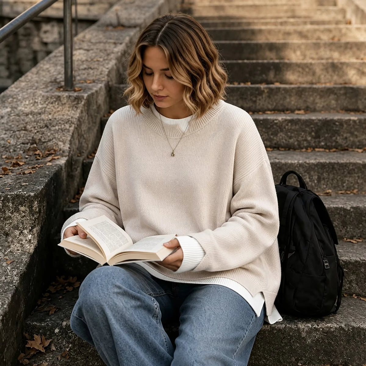 Oversized Ribbed Knit Sweater, Crew Neck Pullover with Balloon Sleeves and Layered Hem, Cozy Casual Fall Winter Knitwear
