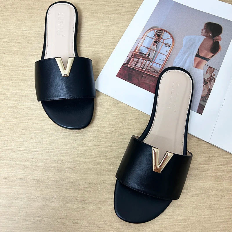 V Buckle Slide Sandals | Minimalist Open Toe Mules | Elegant Flat Summer Casual Shoes