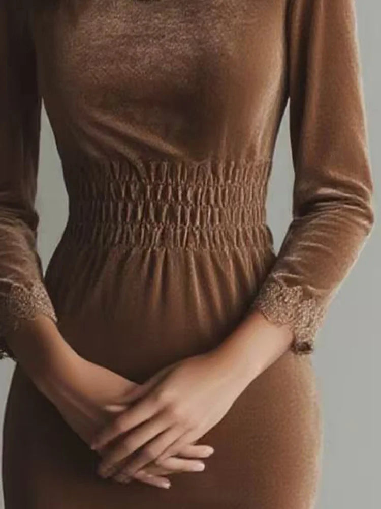 Velvet Ruched Midi Dress – Long Sleeve Bodycon Dress with High Neck, Smocked Waist, Draped Skirt and Lace Trim Details