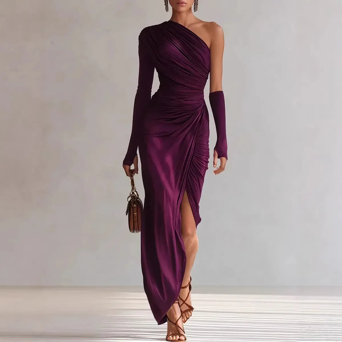 One Shoulder Ruched Maxi Dress – Asymmetrical Long Sleeve Evening Gown with Draped Bodice, High Side Slit and Figure-Hugging Silhouette