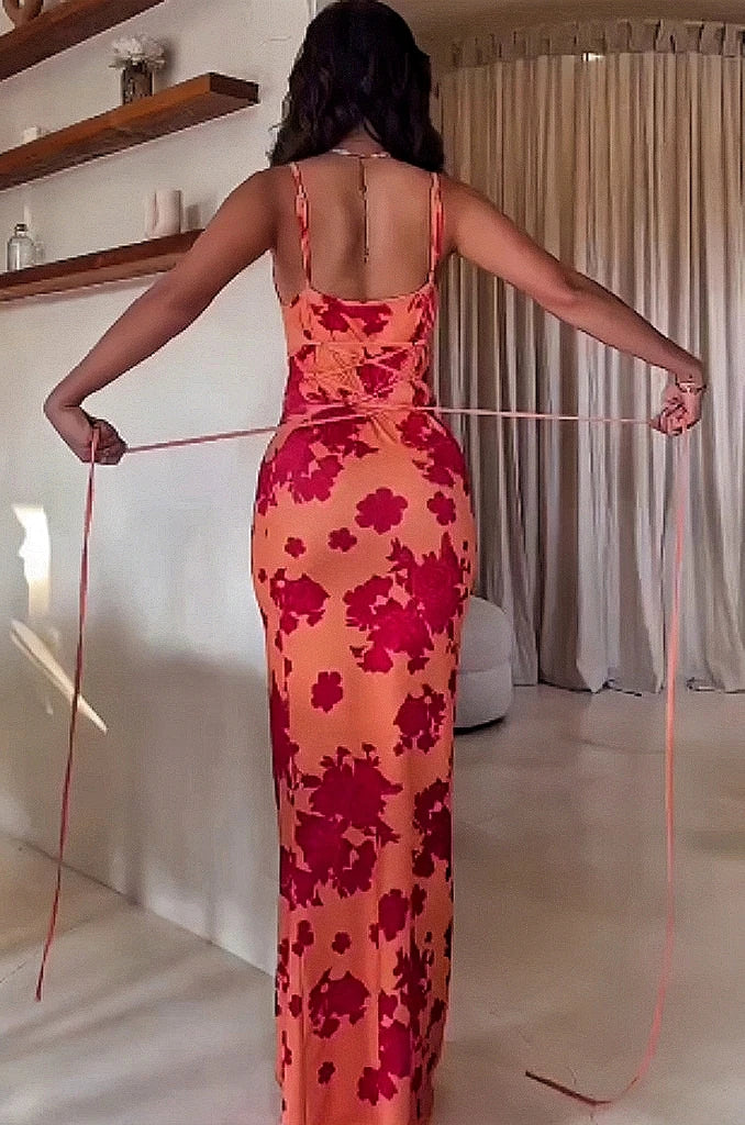 Floral Bodycon Maxi Dress – Spaghetti Strap Square Neck Dress with Fitted Silhouette, Stretch Fabric and Floor-Length Design for Summer