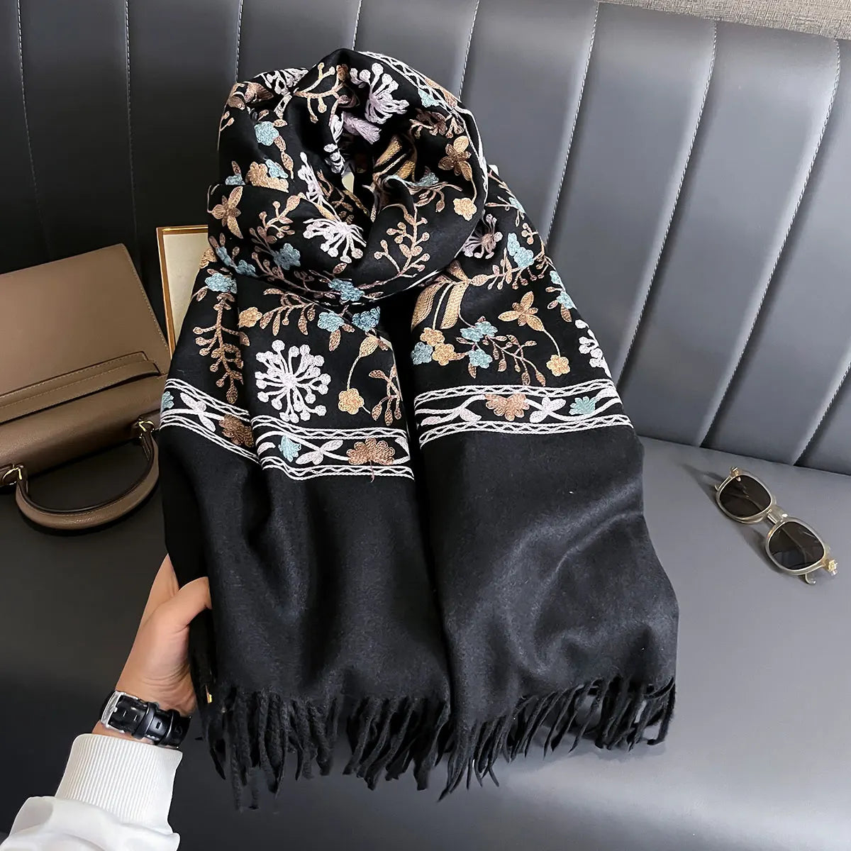 Women's Floral Shawl Wrap, Embroidered Look Botanical Print Scarf with Fringed Ends, Elegant Shoulder Wrap
