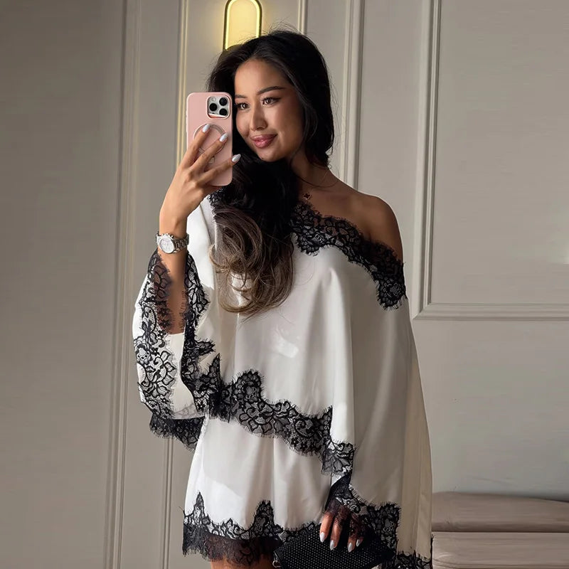Lace Trim Satin Mini Dress – Off Shoulder Batwing Sleeve Dress with Floral Lace Detail, Relaxed Silhouette and Elegant Party Style