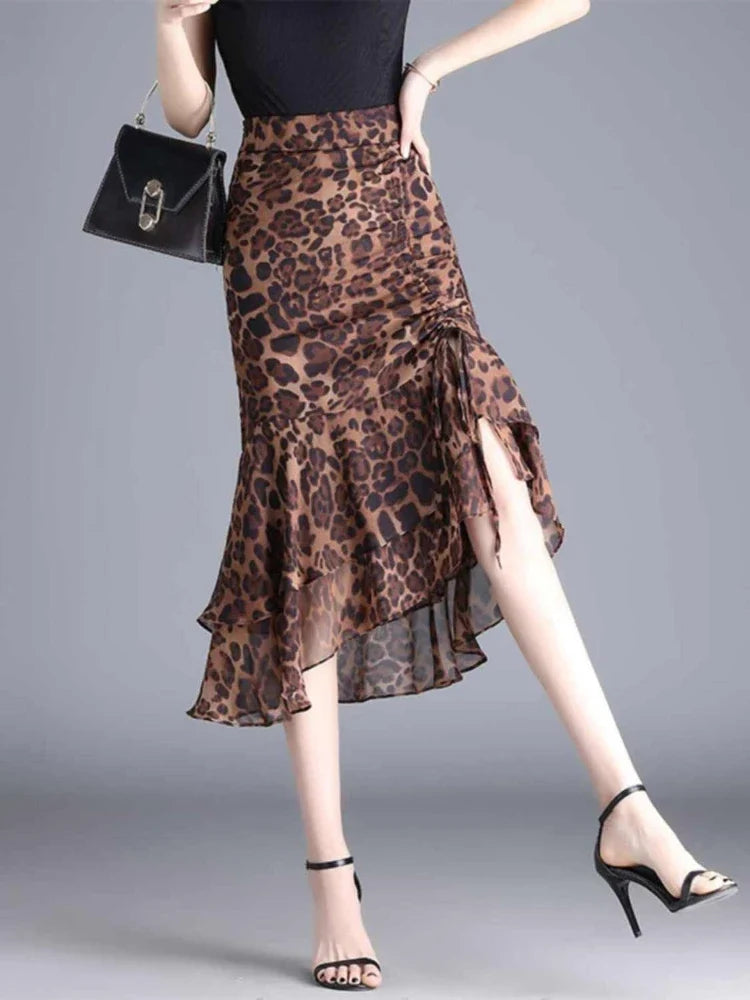 High Waisted Animal Print Midi Skirt Asymmetrical Ruffle Hem Flared Skirt Leopard Print Party Date Night Vacation Wear