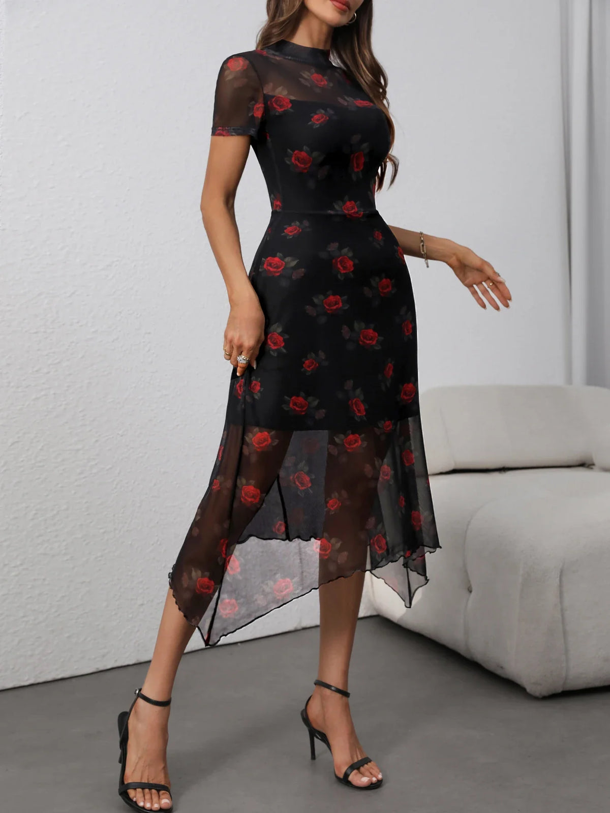 Floral Maxi Dress – Short Sleeve Fitted Dress with High Neck, Side Slit and Flowing Silhouette for Vacations, Brunch & Summer Outings
