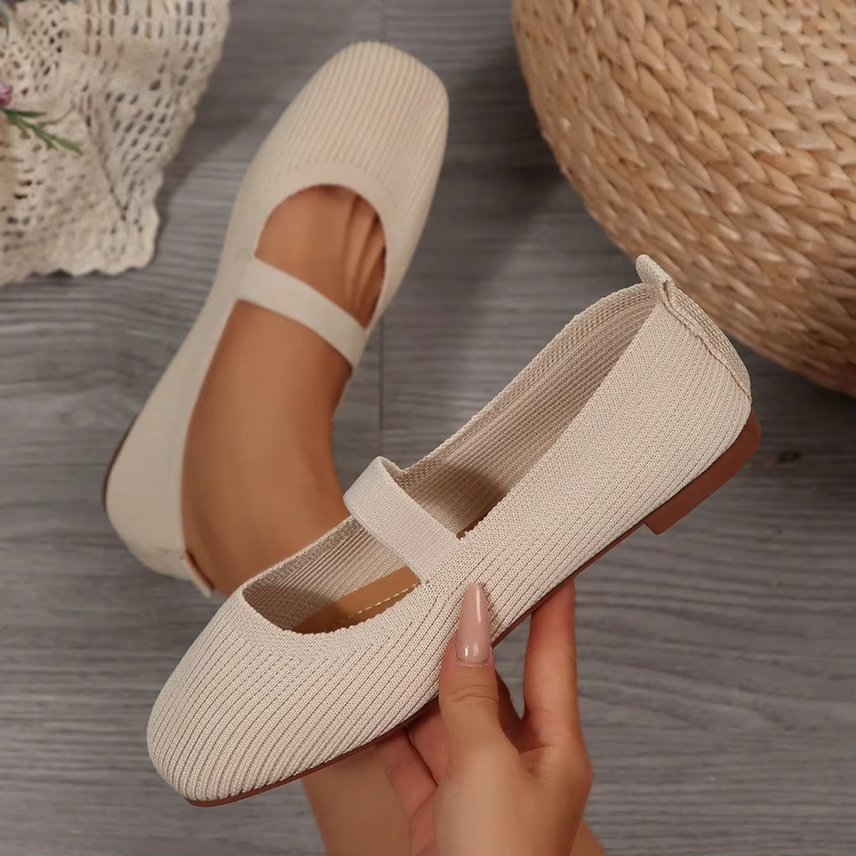 Mary Jane Knit Flats | Round Toe Ballet Shoes | Textured Slip-On Strap Flats for Everyday Wear