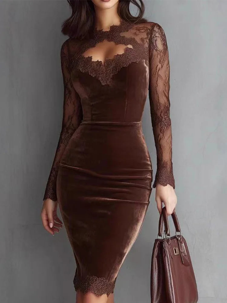 Lace Velvet Midi Dress – Long Sleeve Bodycon Dress with Sheer Lace Neckline, Fitted Waist and Elegant Evening Silhouette