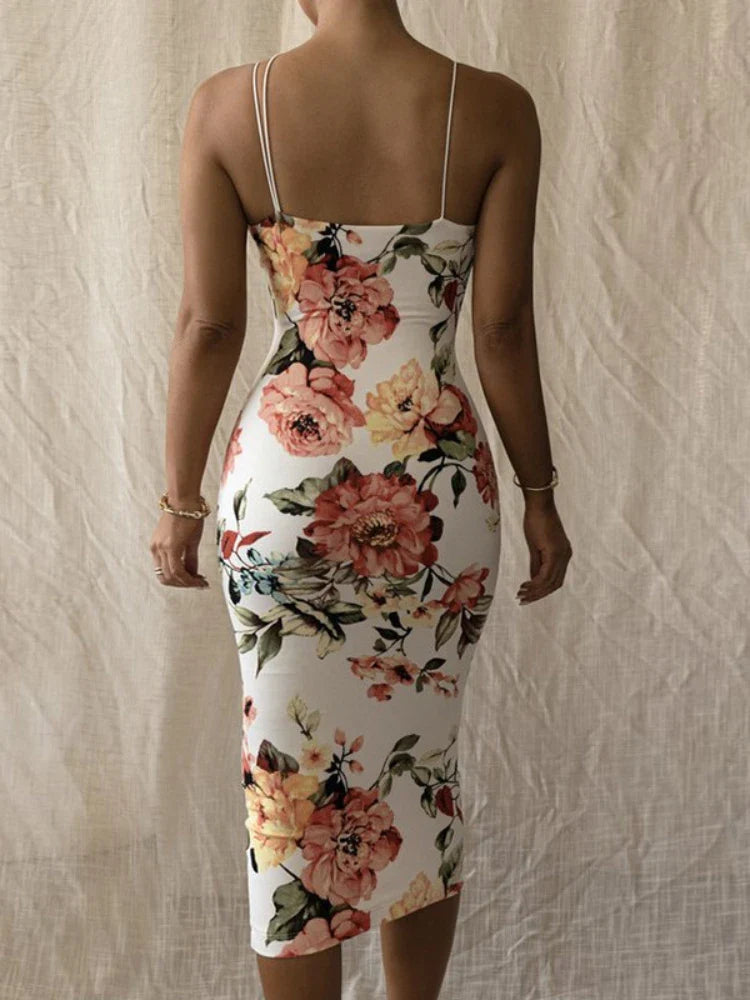 Floral Midi Dress – Spaghetti Strap Bodycon Dress with Fitted Silhouette, Delicate Botanical Print and Feminine Style for Vacations & Brunch