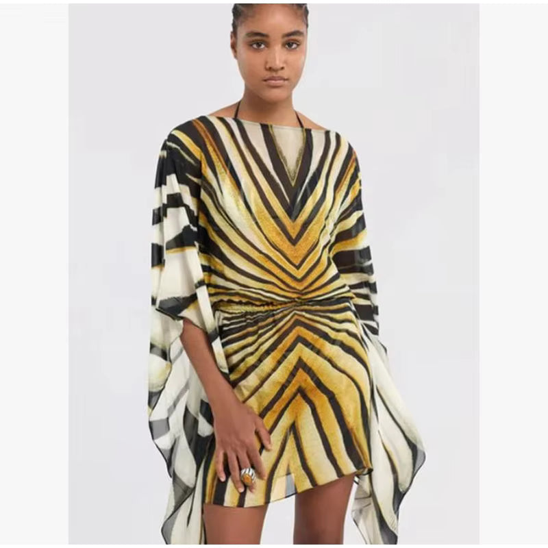 Printed Kaftan Mini Dress – Batwing Sleeve Tunic with Geometric Chevron Pattern, Adjustable Waist Tie and Flowing Asymmetrical Hem