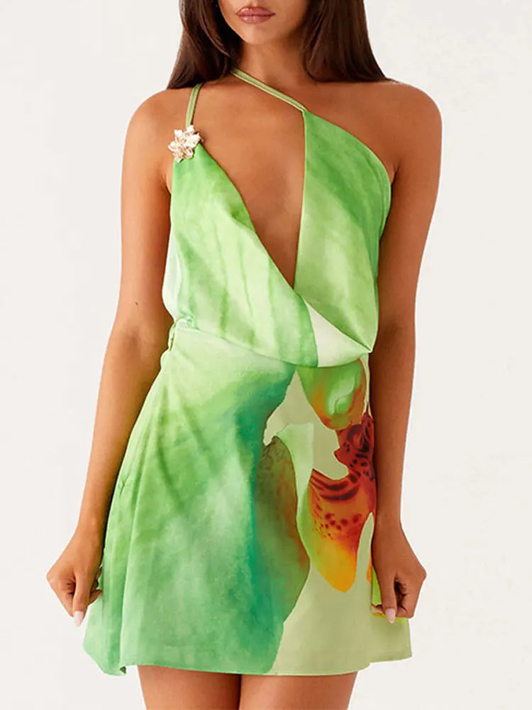 Floral Mini Dress – Halter Neck Sleeveless Dress with Draped Front, Asymmetrical Hem and Abstract Floral Print for Vacations & Parties