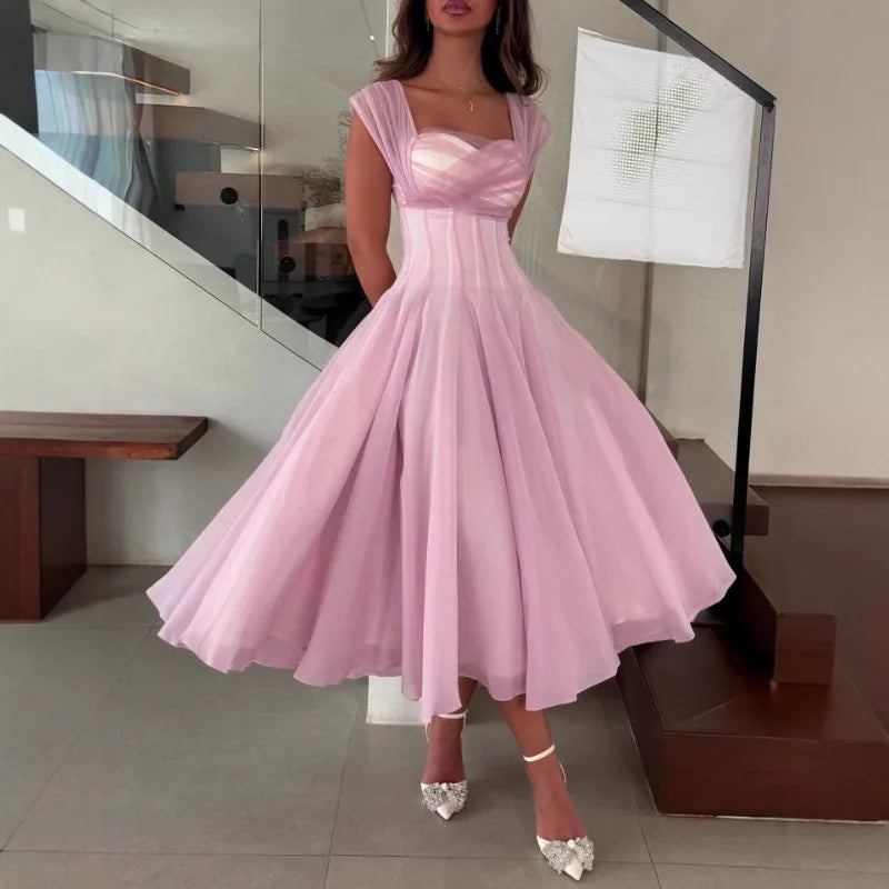 A-Line Midi Dress – Short Sleeve Square Neck Dress with Fitted Bodice, Defined Waist and Flowing Flared Skirt for Weddings & Special Events