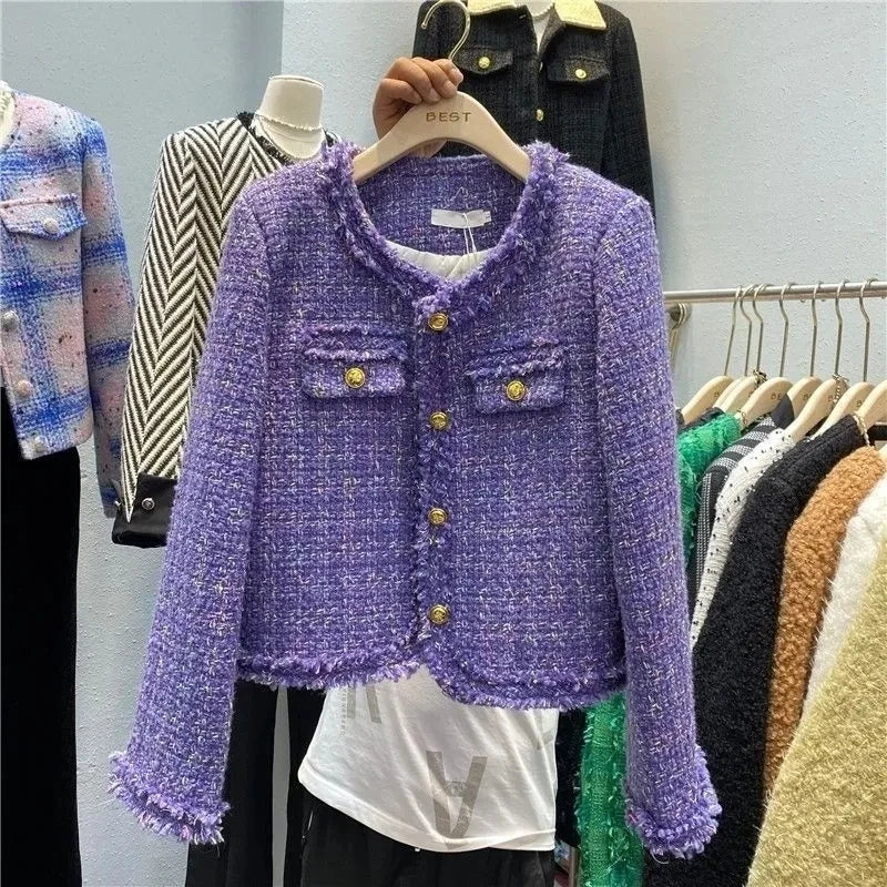 Textured Tweed Jacket, Cropped Collarless Jacket with Gold Button Details and Front Pockets, Elegant Chic Casual Outerwear