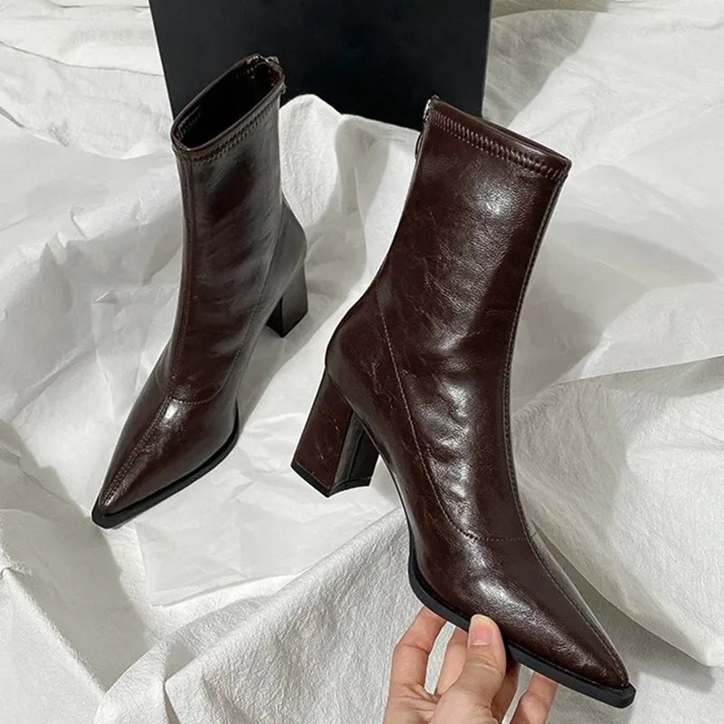 Pointed Toe Ankle Boots | Chunky Block Heel Booties | Vintage-Inspired Leather-Look Dress Boots