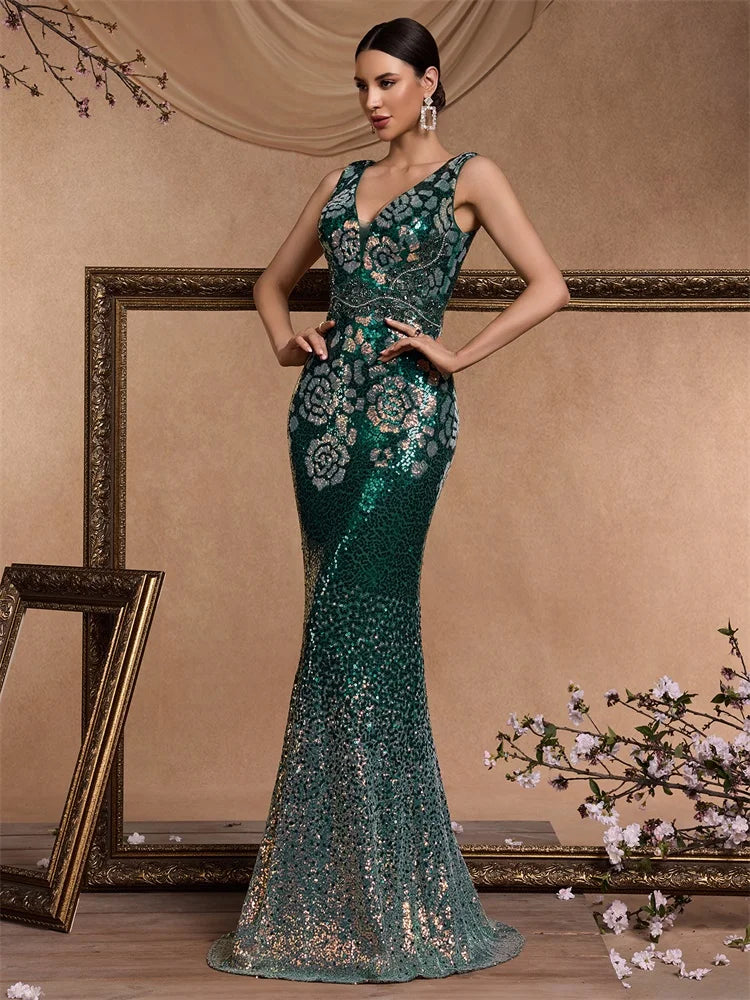 Sequin Mermaid Maxi Dress – V-Neck Sleeveless Evening Gown with Embellished Bodice, Fitted Silhouette and Flared Hem for Formal Events