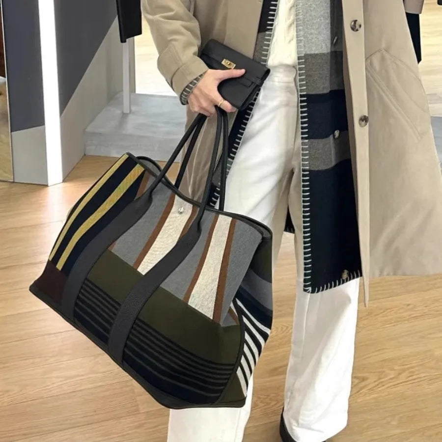 Large Striped Tote Bag, Color Block Shoulder Handbag, Spacious Casual Travel Purse with Long Handles for Work, Shopping & Everyday Use