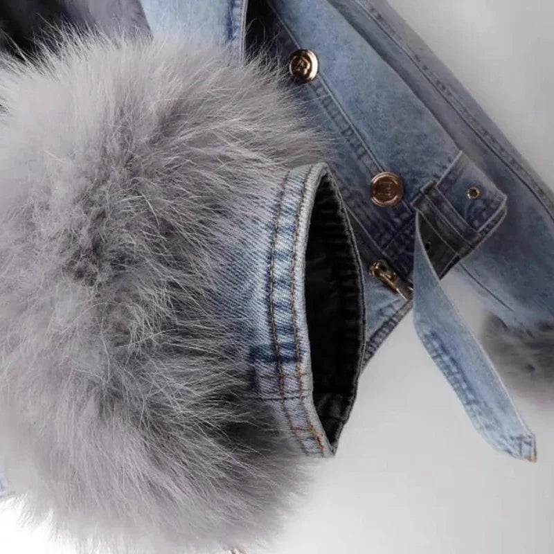 Faux Fur Trim Denim Jacket, Cropped Hooded Jacket with Plush Collar and Cuffs, Casual Winter Outerwear
