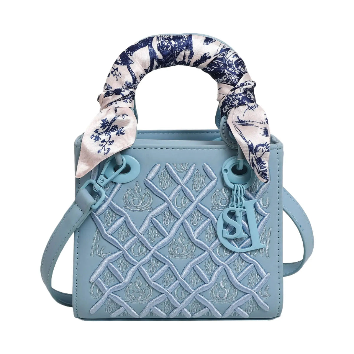 Mini Top Handle Handbag, Embroidered Leather Crossbody Bag, Light Blue Shoulder Purse with Scarf-Wrapped Handle & Long Strap