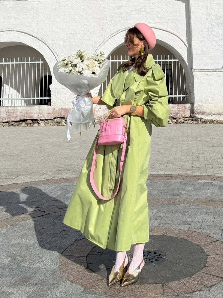 Dramatic Cape Trench Coat, Long Belted Coat with Oversized Lapels and Layered Shoulder Cape, Elegant Statement Outerwear