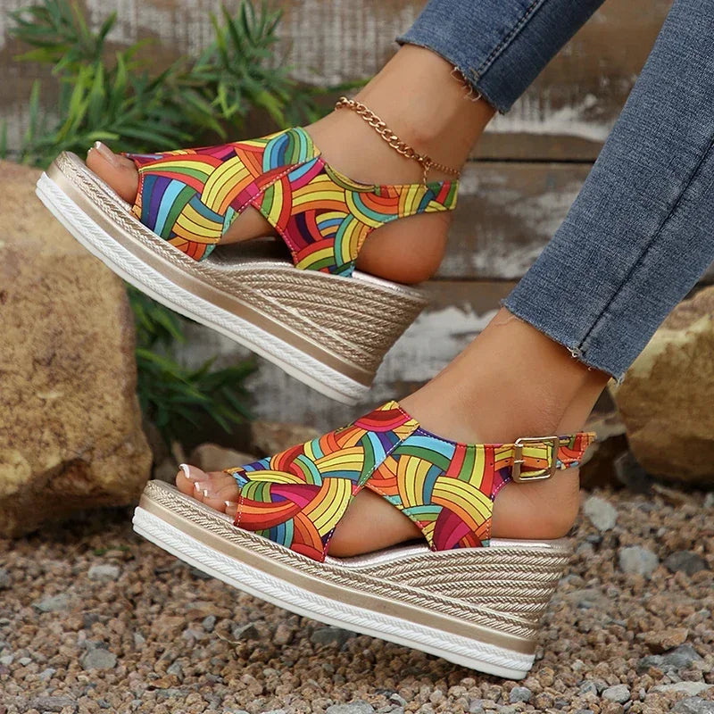 Colorful Platform Wedge Sandals | Strappy Espadrille Shoes | Ankle Buckle Summer Sandals