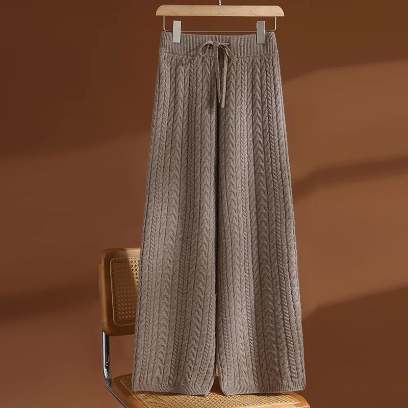 High Waisted Wide Leg Knit Pants Textured Drawstring Trousers Relaxed Fit Flowing Lounge Pants Casual Bottoms