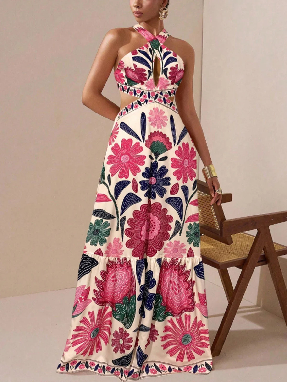 Floral Maxi Dress – Strapless A-Line Dress with Fitted Bodice and Flowing Full Skirt for Weddings, Garden Parties & Summer Events