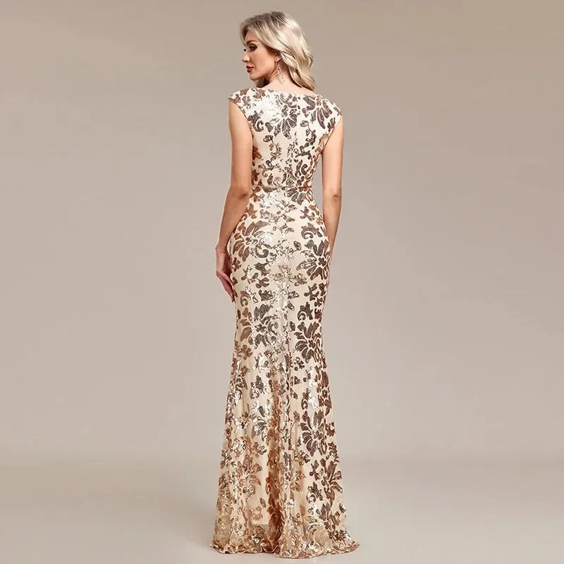 Floral Sequin Maxi Dress – Sleeveless V-Neck Mermaid Gown with Embellished Bodice, Figure-Hugging Fit and Floor-Length Hem for Formal Events