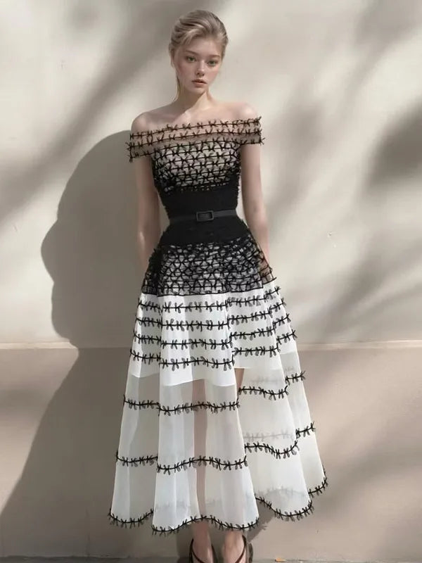 Textured A-Line Midi Dress – Strapless Embellished Bodice Dress with Full Flared Skirt and Patterned Detail for Weddings & Special Events