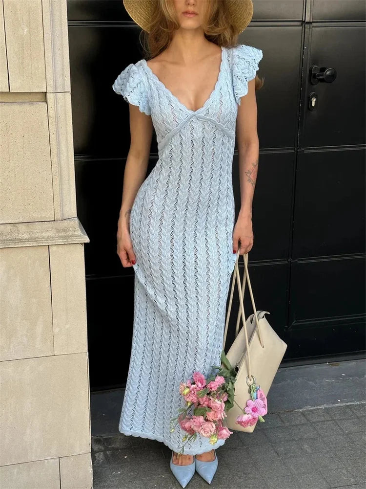 Knitted Maxi Dress – V-Neck Short Flutter Sleeve Dress with Textured Knit Pattern, Fitted Waist and Flowing Floor-Length Silhouette