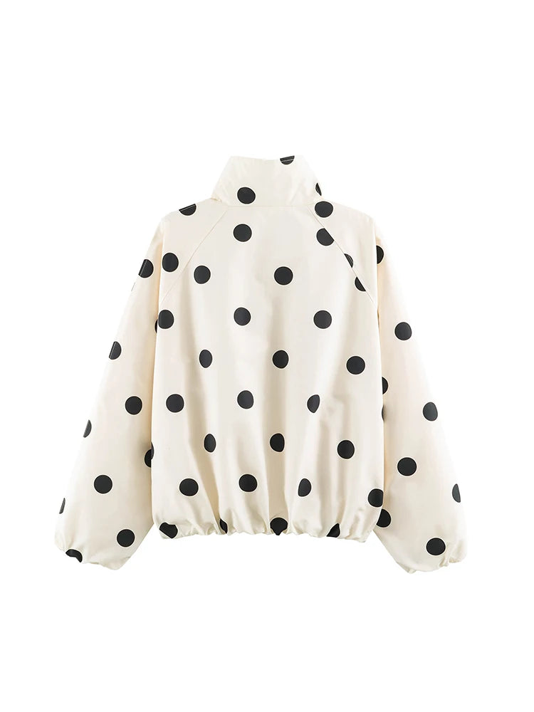 Polka Dot Windbreaker Jacket, High Neck Zip-Up Jacket with Elastic Cuffs and Drawstring Hem, Lightweight Casual Outerwear