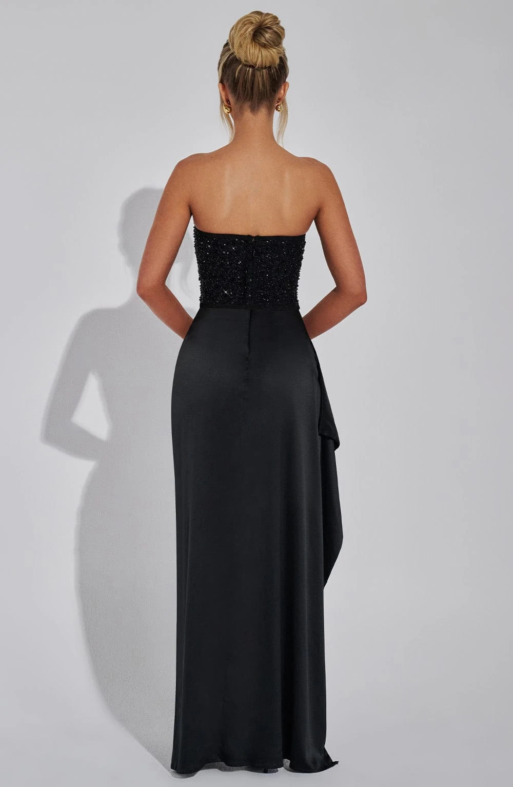 Sequin Corset Maxi Dress – Strapless Evening Gown with Embellished Bodice, Satin Draped Skirt and High Thigh Slit