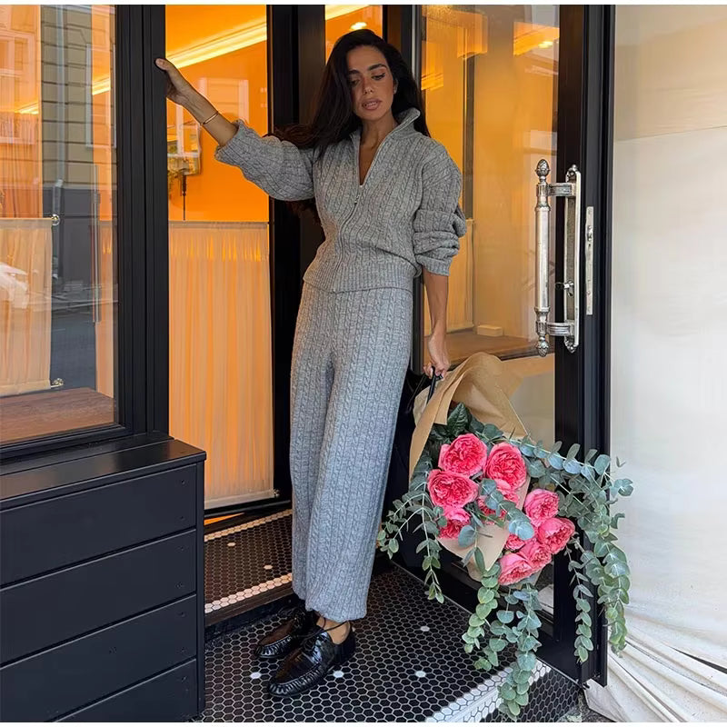 Cable Knit Sweater &amp; Wide Leg Pants Co-Ord Set | Oversized Two Piece Knit Outfit | Cozy Fall &amp; Winter Lounge Matching Set