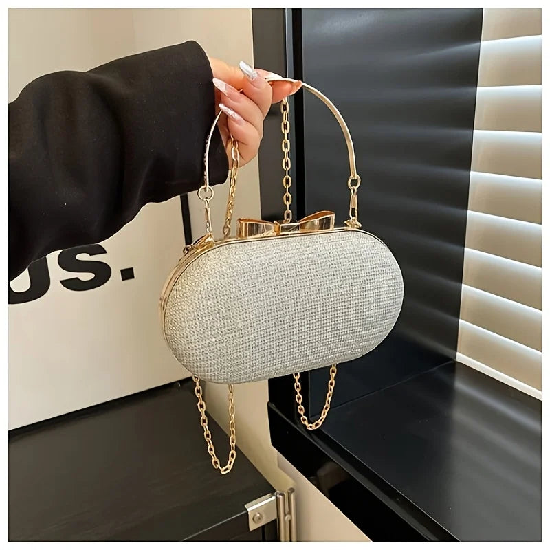 Crystal Embellished Clutch Bag, Glamorous Evening Handbag with Gold-Tone Frame, Chain Strap & Top Handle for Weddings, Parties & Formal Events