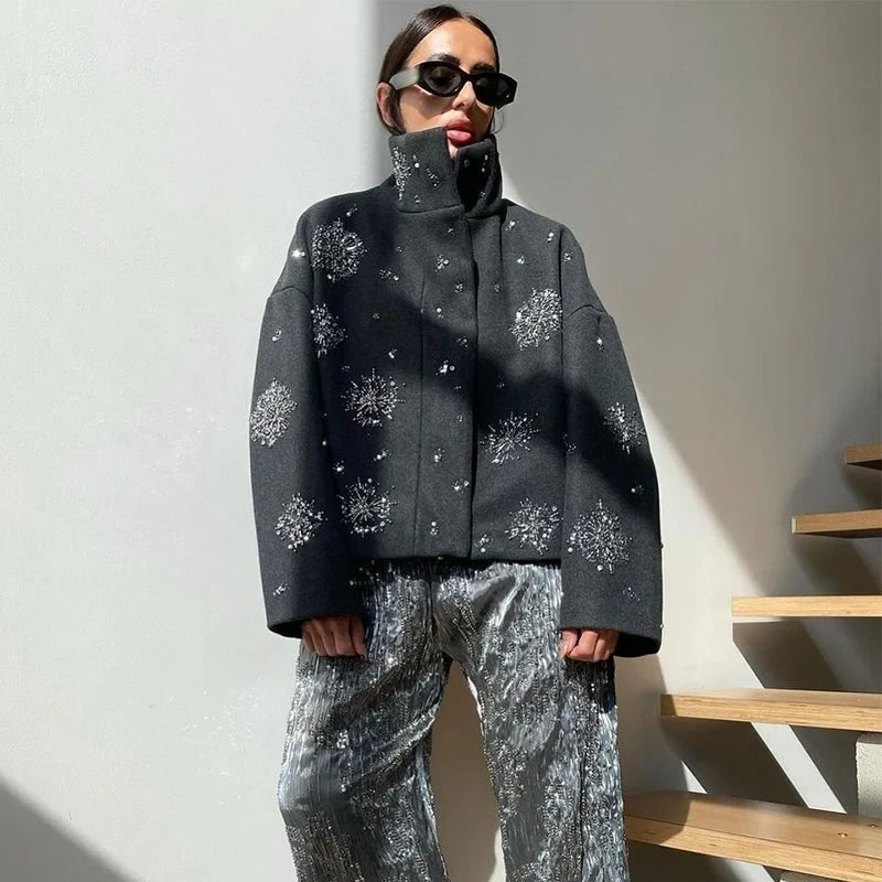 Embellished High Neck Jacket, Floral Pattern Knit Zip-Up Jacket, Oversized Cozy Winter Outerwear