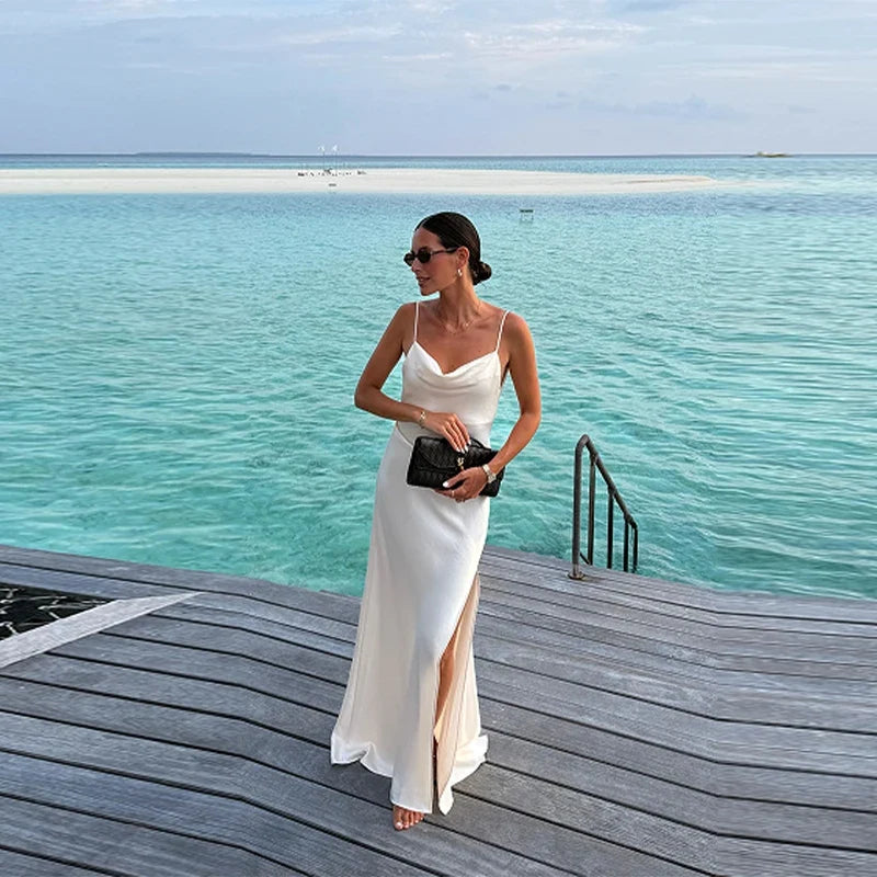 Elegant Maxi Dress – Sleeveless Cowl Neck Dress with Fitted Bodice, Adjustable Straps and Flowing Floor-Length Skirt for Vacations & Events
