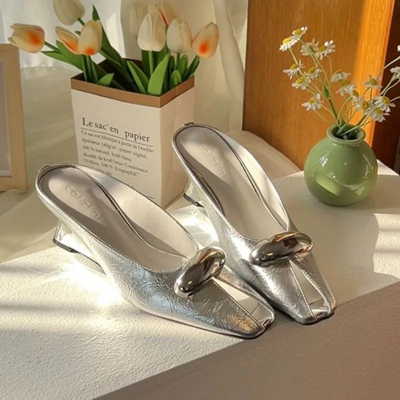 Metallic Mule Flats | Pointed Toe Slip-On Shoes | Buckle Embellished Dress Mules