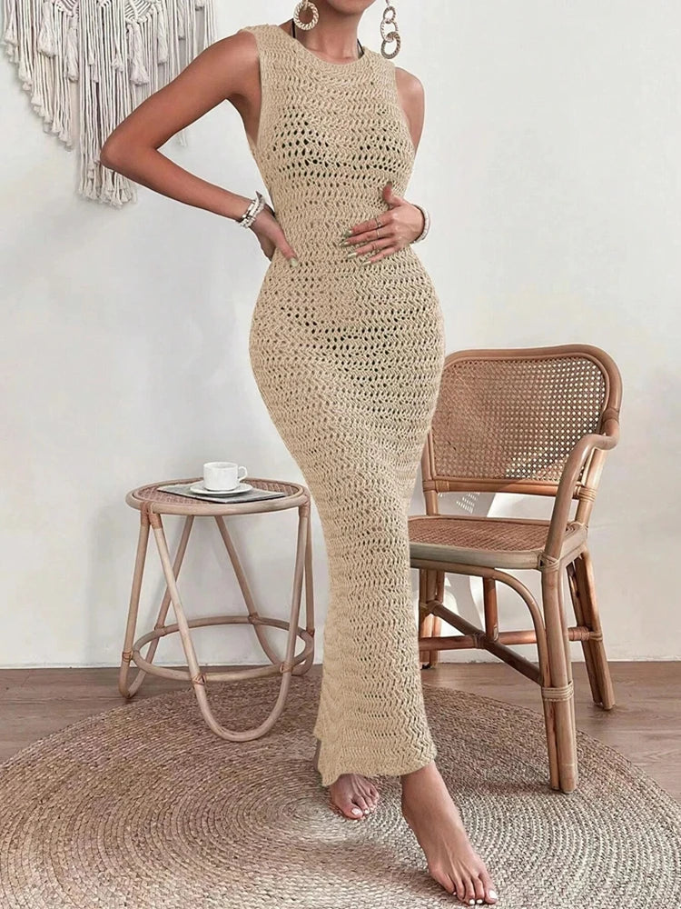 Crochet Maxi Dress – Sleeveless High Neck Knit Dress with Openwork Texture, Fitted Silhouette and Flared Hem for Beach Vacations & Resort Wear