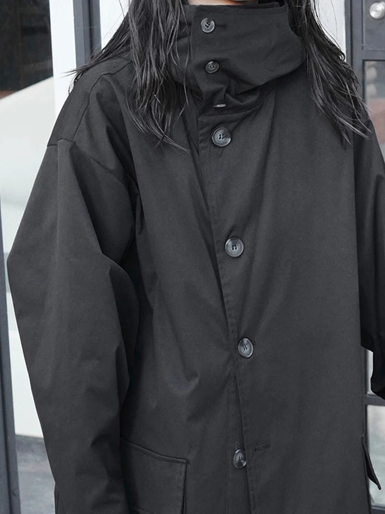 Oversized Long Trench Coat, Double-Breasted Hooded Coat with Wide Lapels and Relaxed Fit, Minimalist Urban Winter Outerwear