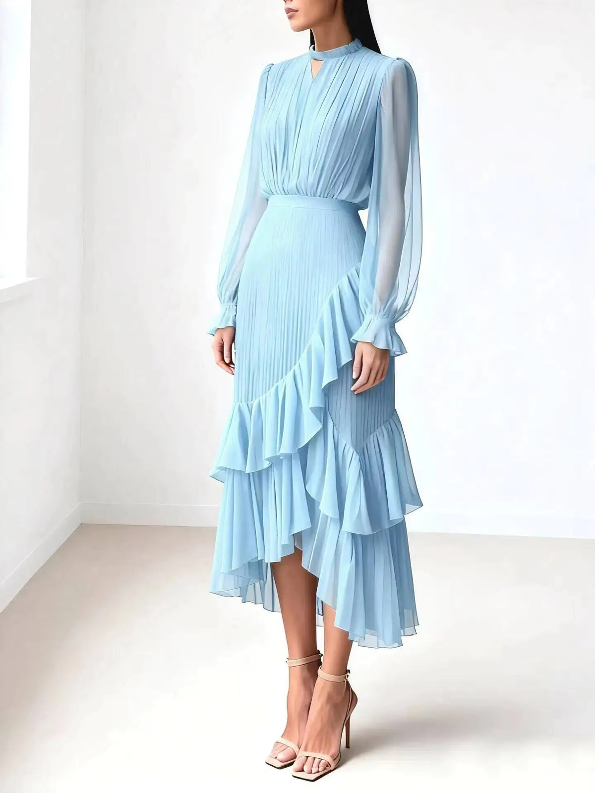 Pleated Ruffle Midi Dress – Long Sleeve Chiffon Dress with High Neckline, Keyhole Detail, Balloon Sleeves and Asymmetrical Tiered Hem