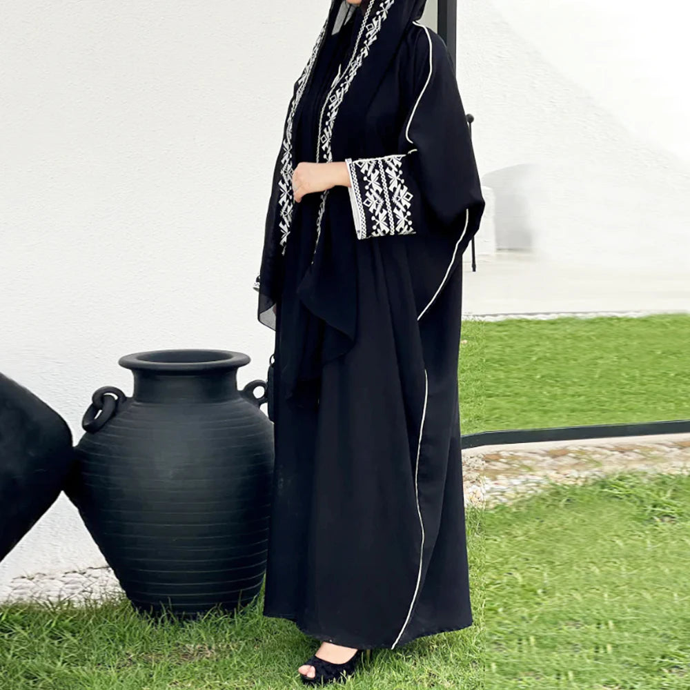Embroidered Black Abaya with Belted Waist & Wide Sleeves | Modest Maxi Dress with Elegant Trim Detail | Muslim Occasion Wear